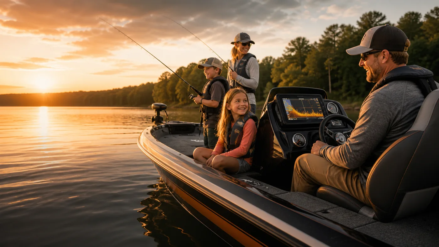 Family fishing from a boat with a fish finder display at sunset