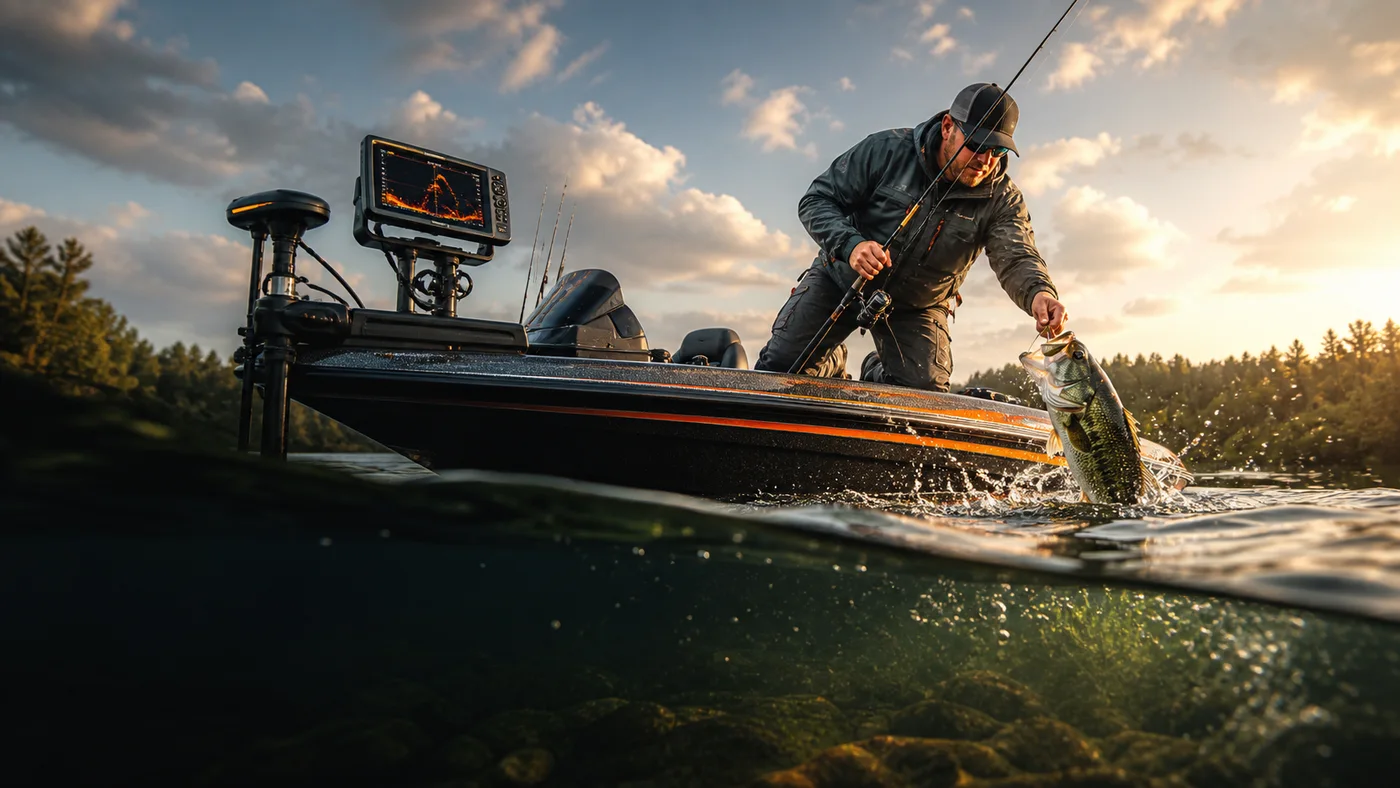 Angler landing a fish beside mounted boat fish finder electronics