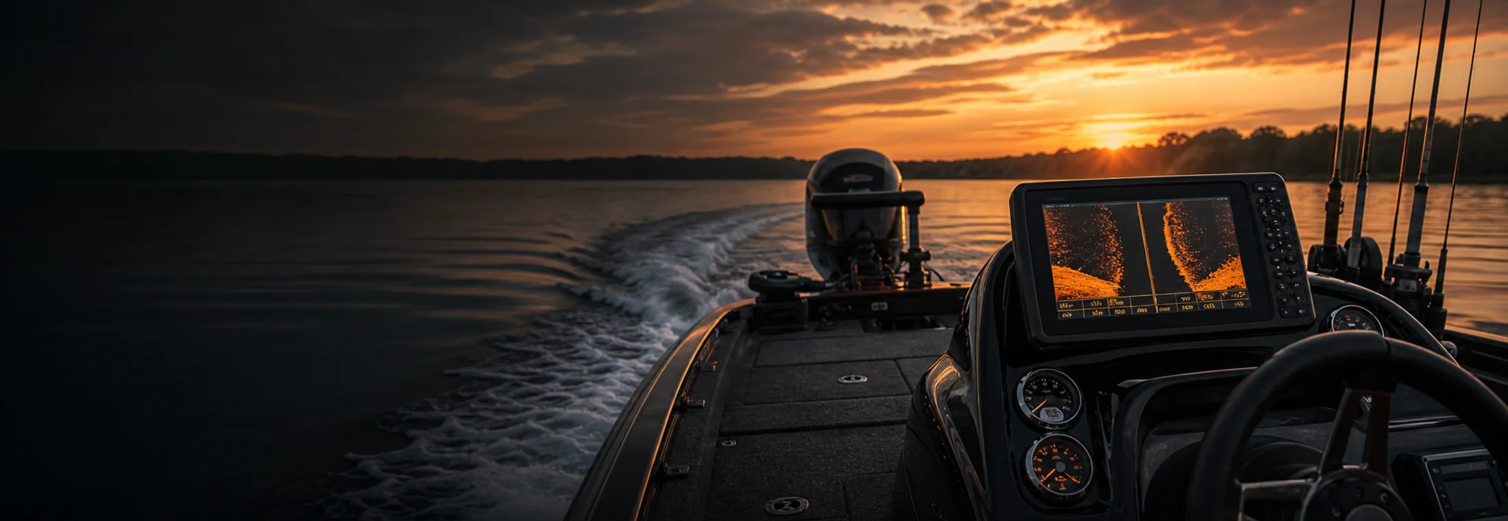 Boat electronics glowing at dusk on open water