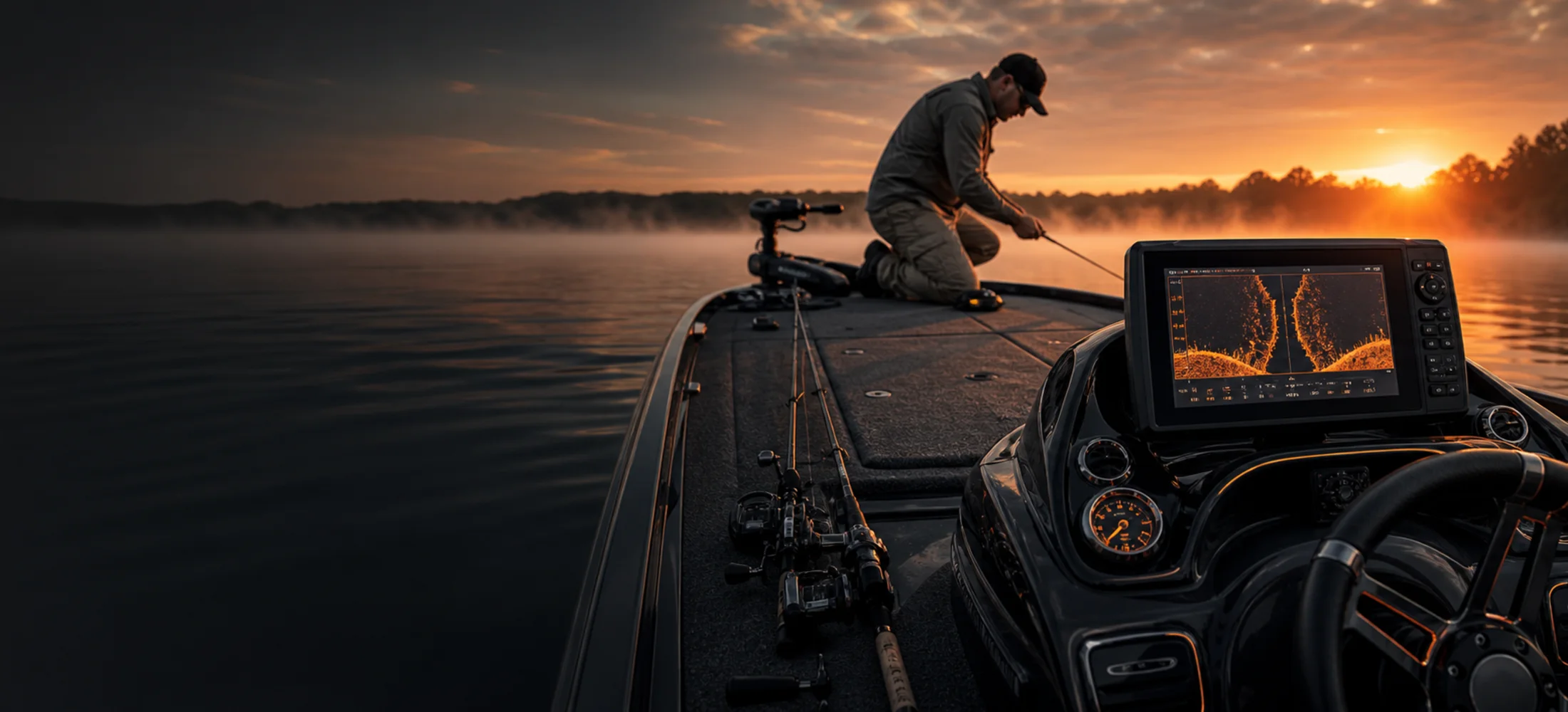 Bass boat console with fish finder electronics on a lake at sunrise