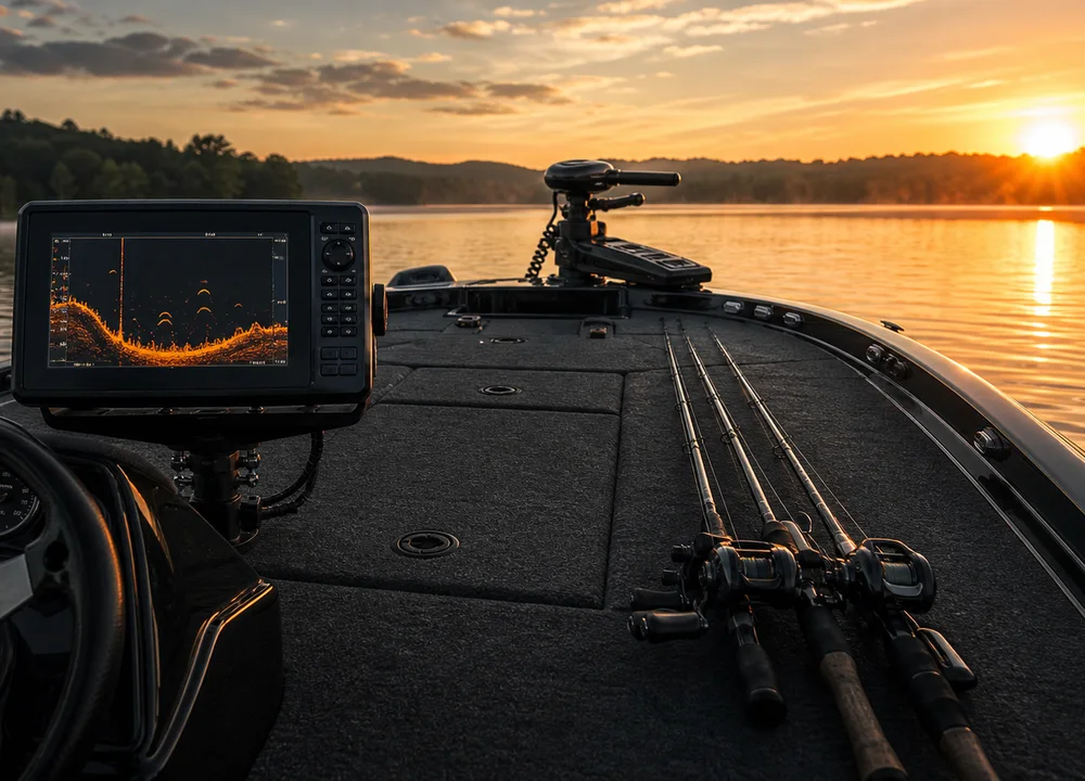 Bass boat deck with mounted fish finder and rods at sunrise