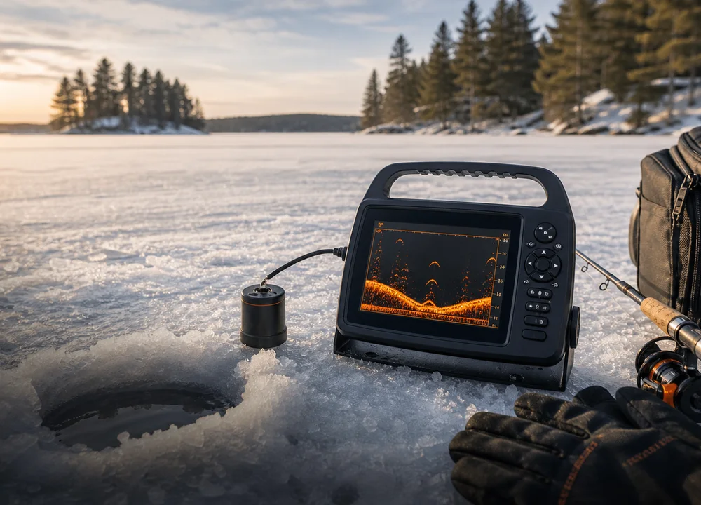 Portable fish finder kit on an ice fishing setup
