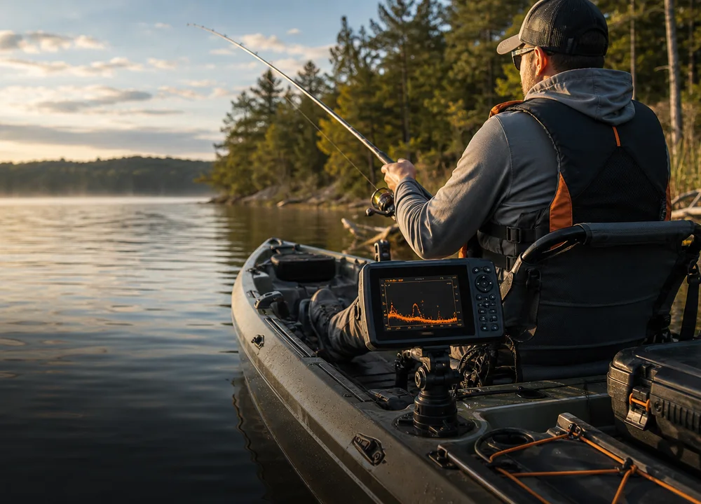 Kayak angler using a compact fish finder on calm water