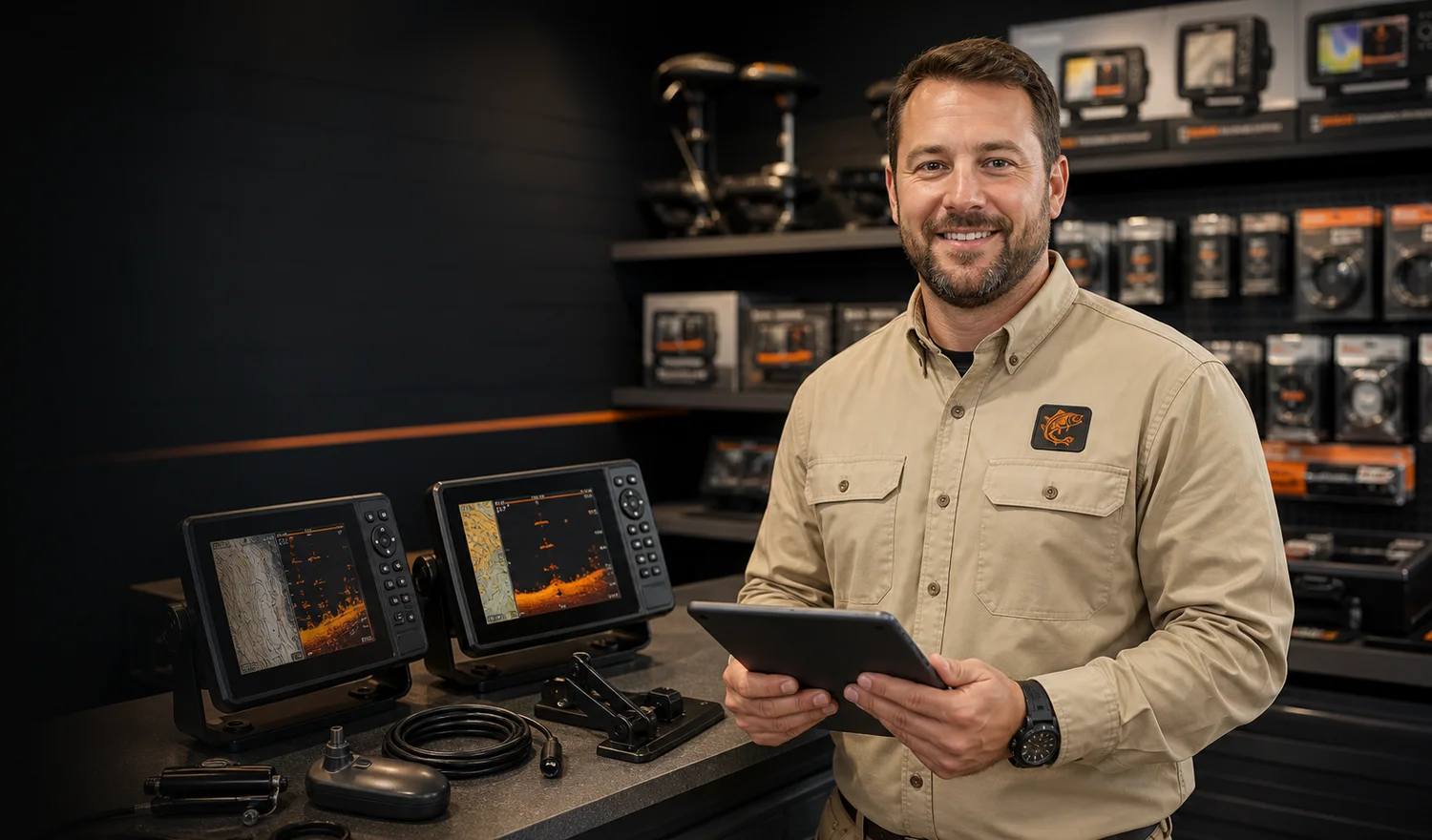 Mirage Fish Finder store specialist in khaki work shirt helping with marine electronics
