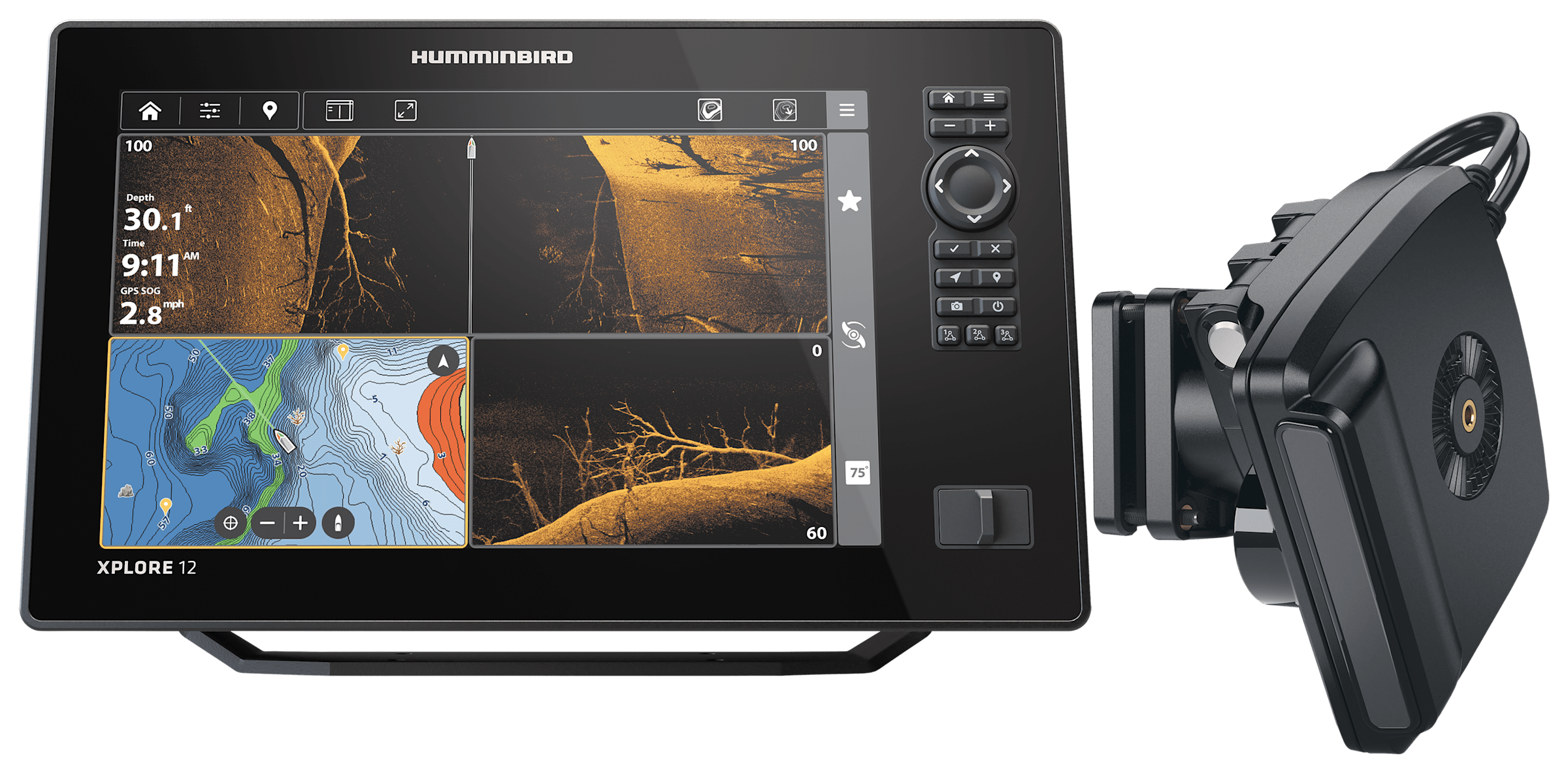 Humminbird XPLORE 12 CMSI+ CHIRP MEGA SI Fish Finder/Chartplotter and MEGA Live 2 Imaging Transducer Bundle